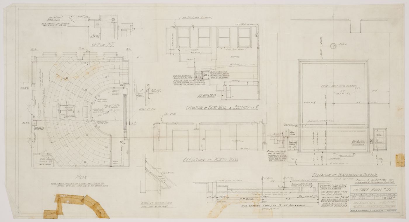 Montréal Neurological Institute, Montréal, Québec: section, plans and elevations for lecture room no. 39