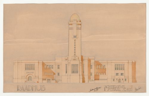 Student presentation drawing showing a rear elevation for a town hall, Technische Hogeschool Delft, Netherlands