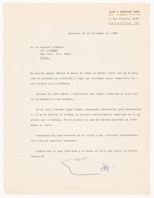 Letter from Juan J. Estellés Ceba to Kenneth Frampton