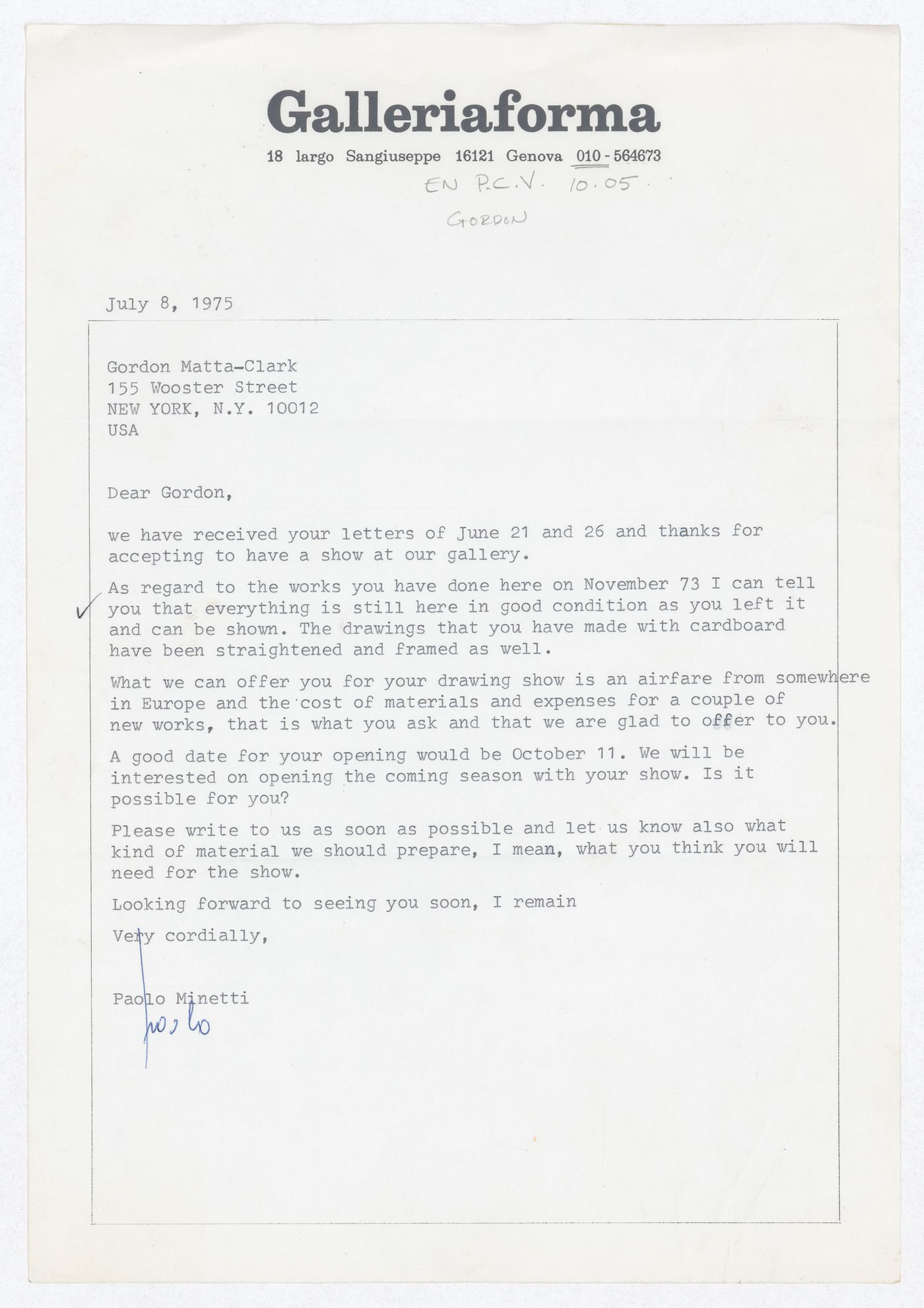 Letter from Paolo Minetti to Gordon Matta-Clark