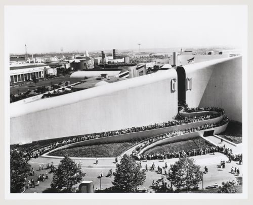 View of an entrance to the General Motors Corporation pavilion showing the entrance ramps, 1939-1940 New York World's Fair, New York City, New York