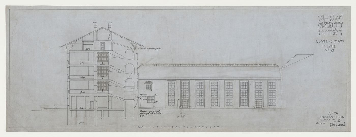 Sectional elevation for the south façade for Karl Johansskolan, Göteborg, Sweden