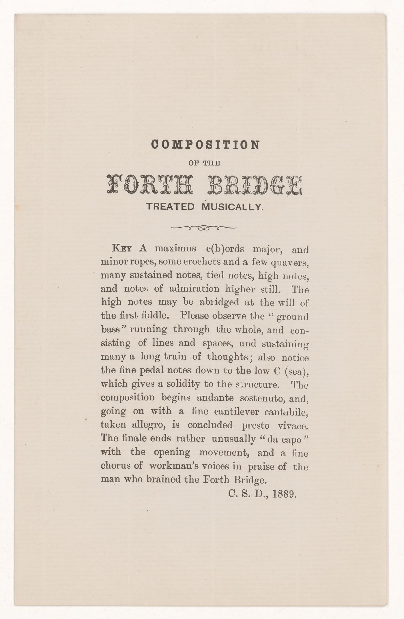 Leaflet with a humourous textual representation of the Forth Bridge