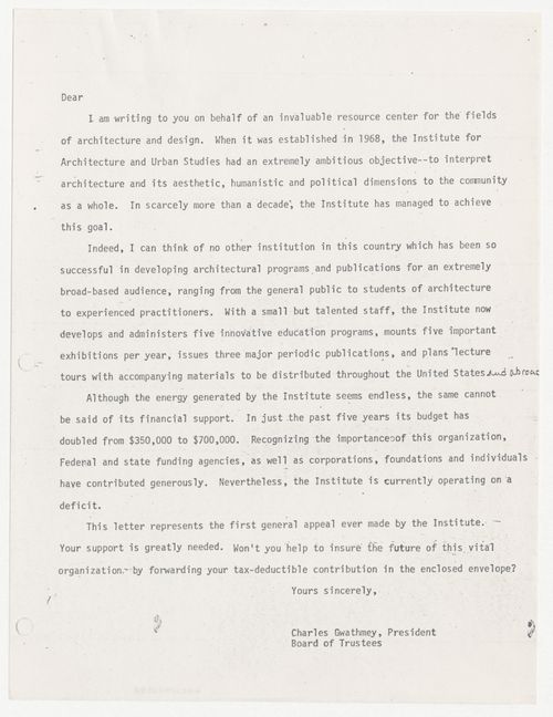 Draft solicitation letter from Charles Gwathmey