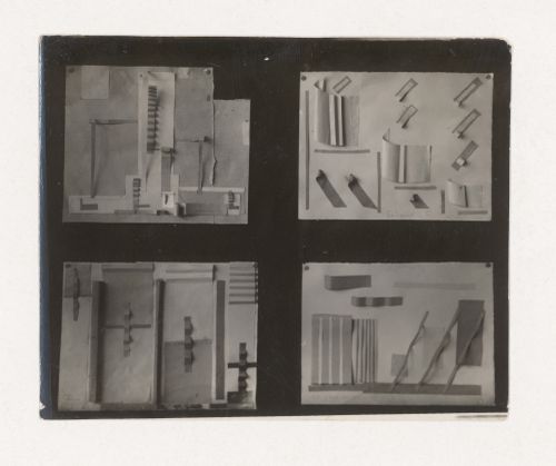 Photograph of student models by I.B. Baikelov, Popov and two unidentified students on the topic "Construction of Frontal Surface Based on Vertical, Horizontal and Inclined Combination of Two or More Rhythmical Rows" at the Vkhutemas, Moscow