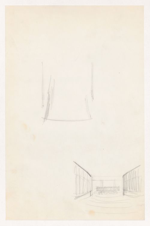 Partial sketch plan and interior perspective sketch for an auditorium for the Metallurgy Building, Illinois Institute of Technology, Chicago