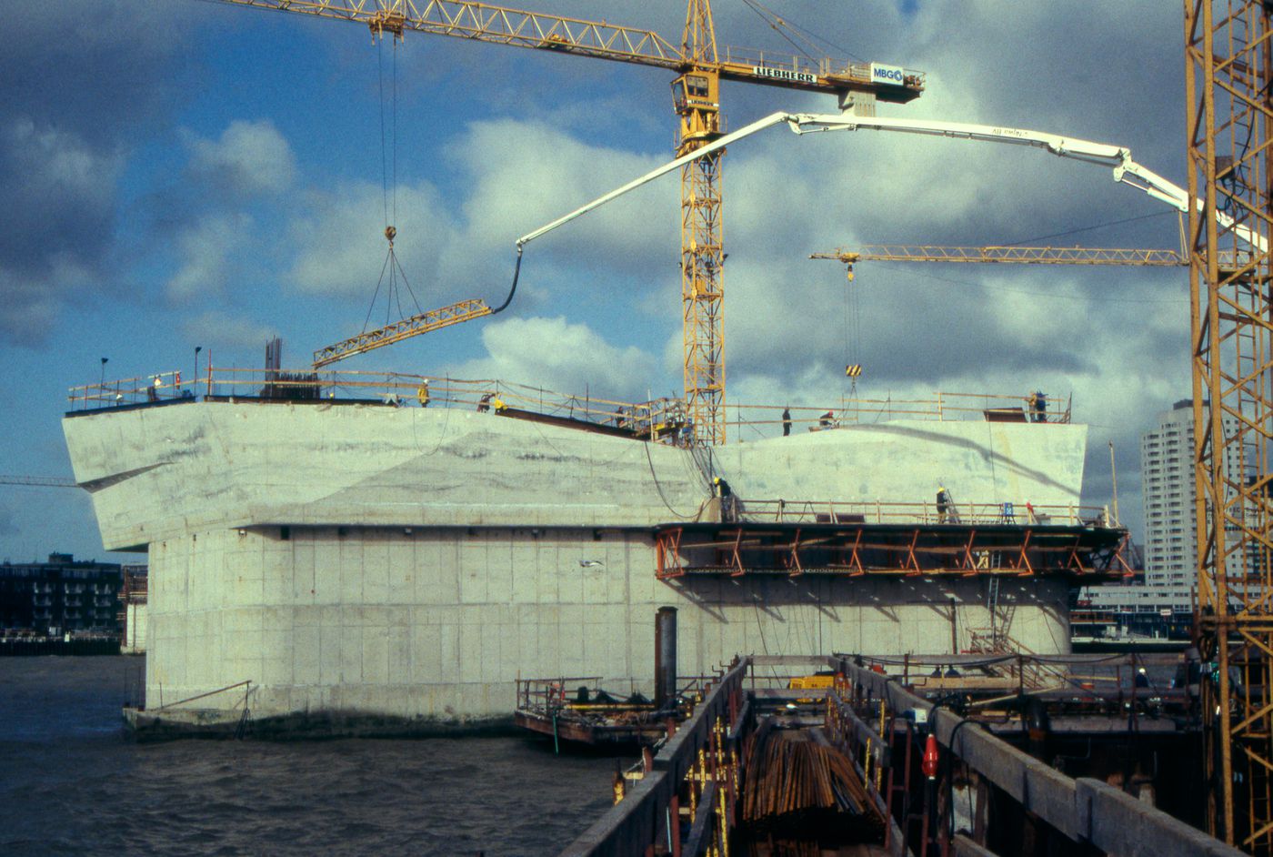View of the fifth pier under construction, Erasmus Bridge construction, Rotterdam