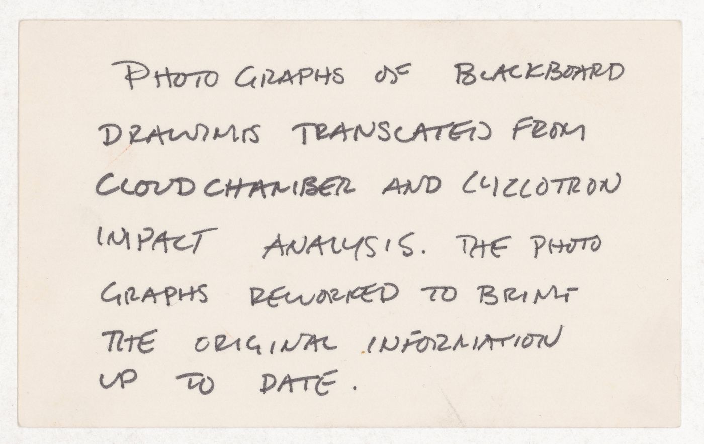 Photographs of blackboard drawings translated from cloud chamber and cyclotron impact analyis. The photographs reworked to bring the original information up to date