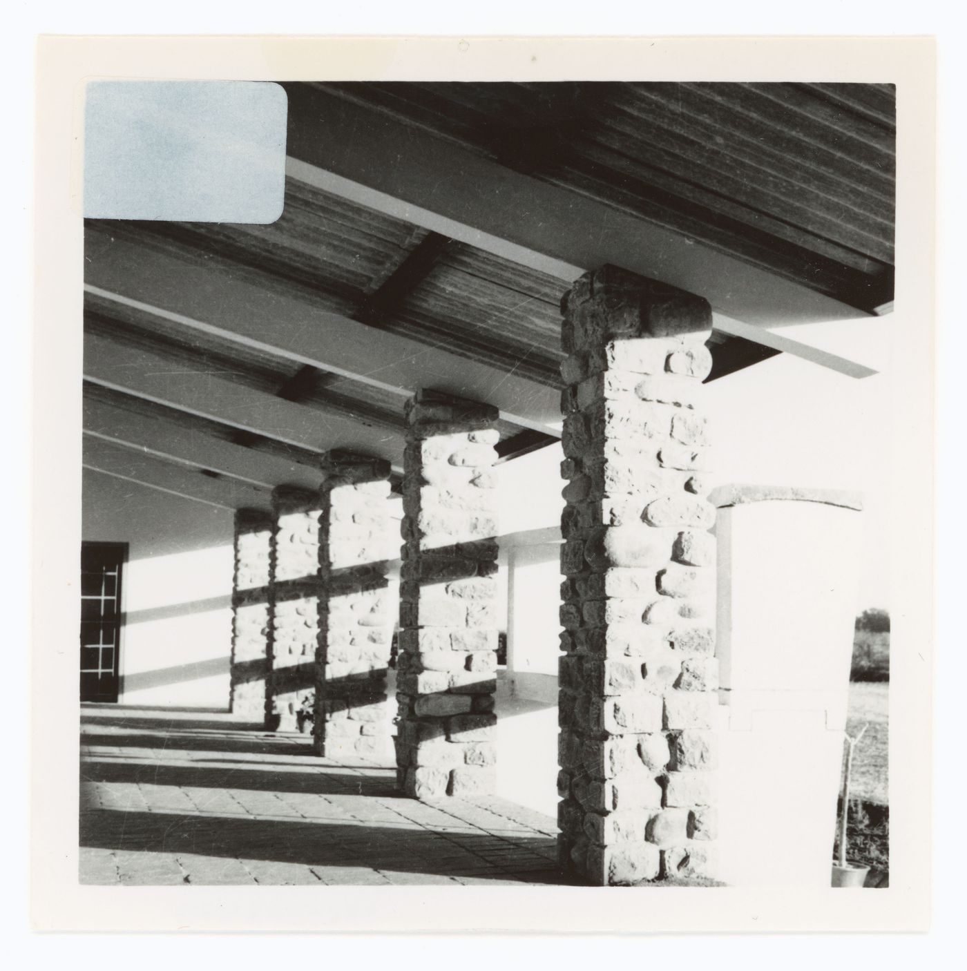 Detail view of a roof with beams and columns, possibly of the Architect's Office, Sector 19, Chandigarh, India