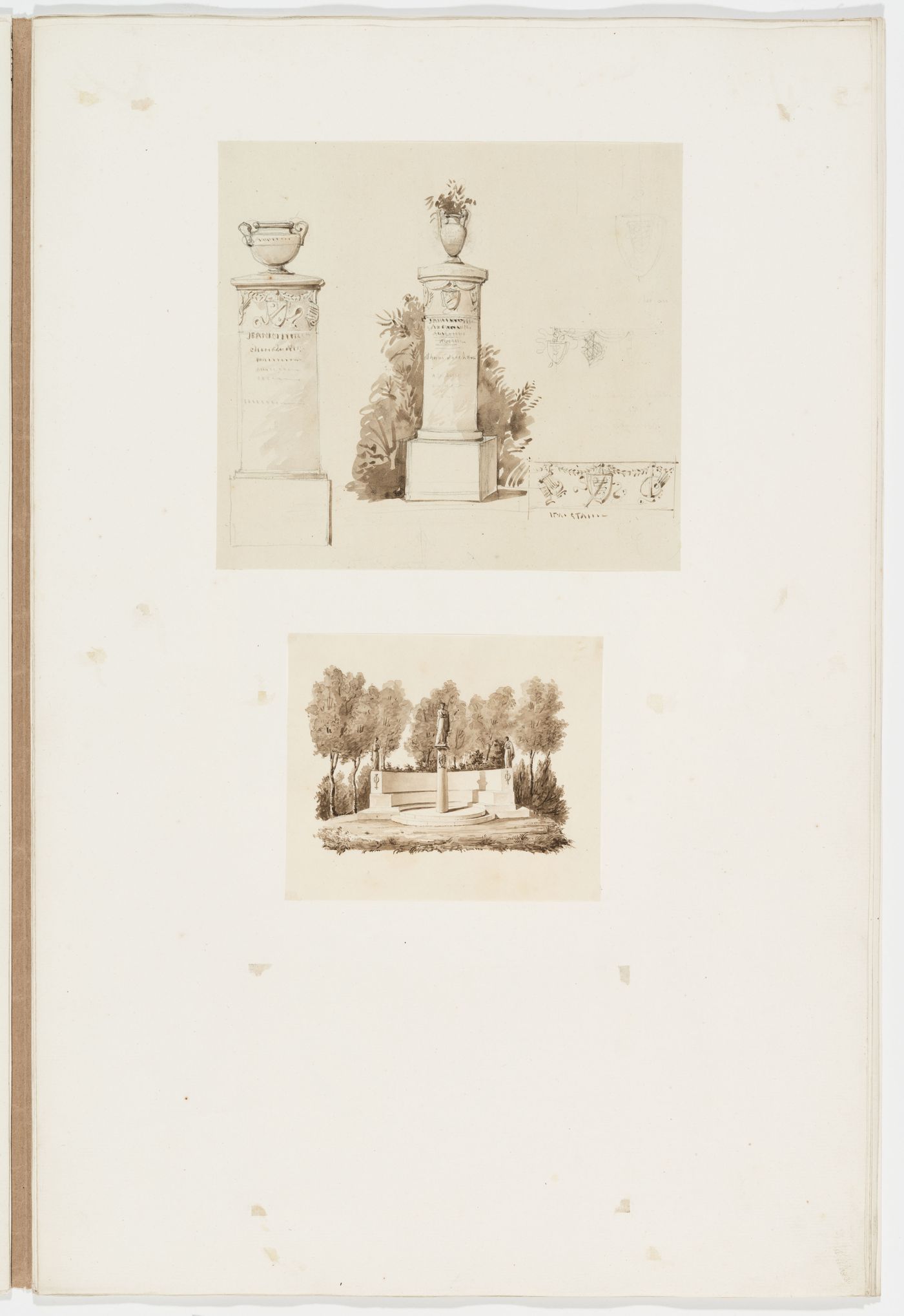 Elevation and perspective of two columnar monuments surmounted with urns; View of a monument with a column and statues