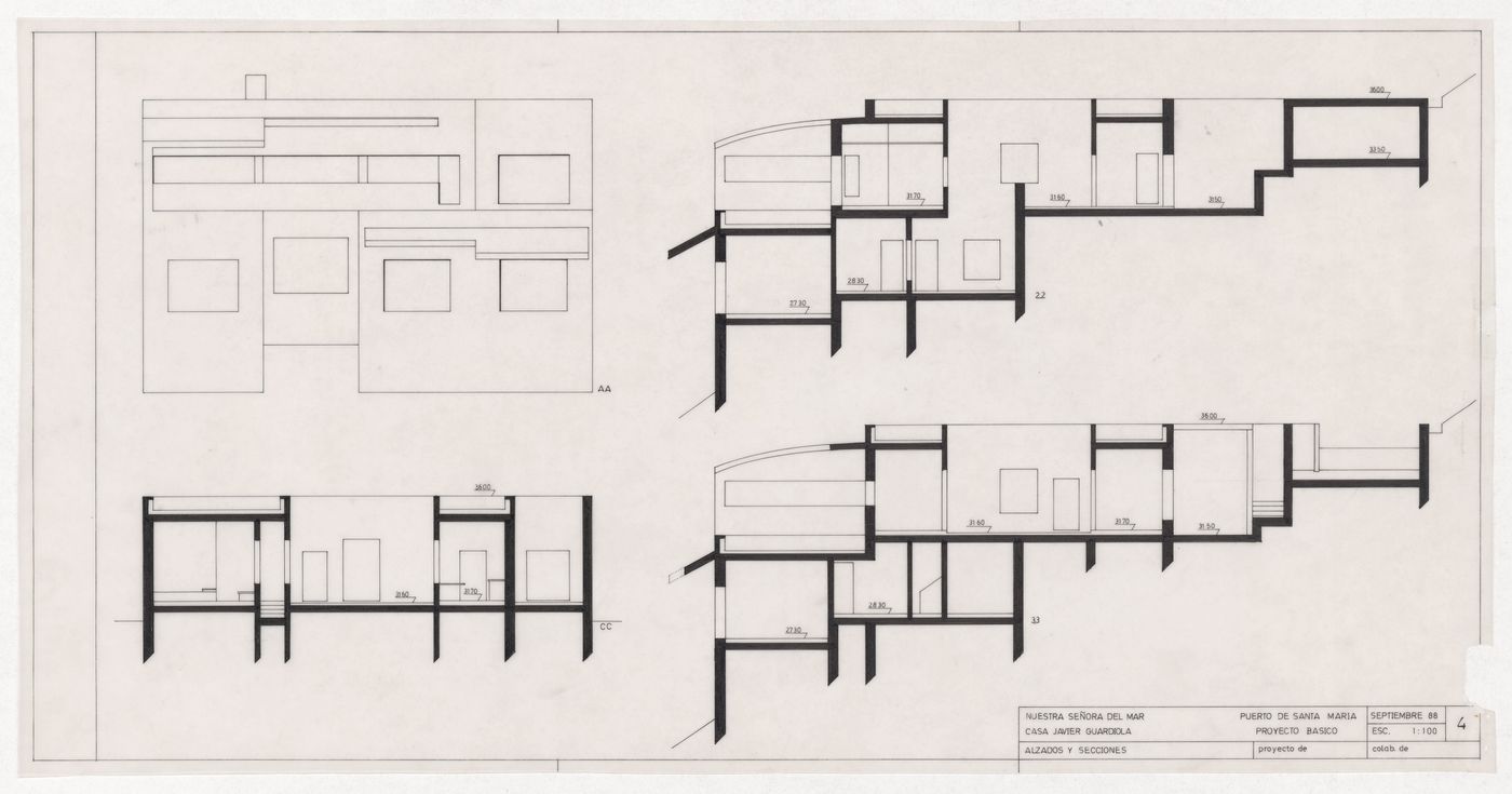 Elevation and sections for Casa Guardiola, Puerto de Santa Maria, Spain