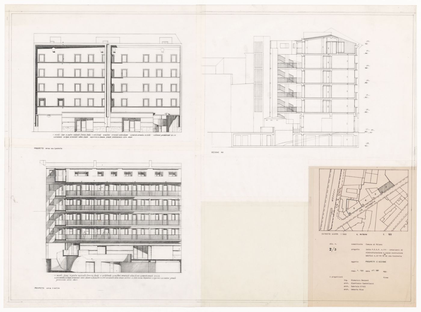 Elevations and section for Edificio per abitazioni in via Conchetta, Milan, Italy