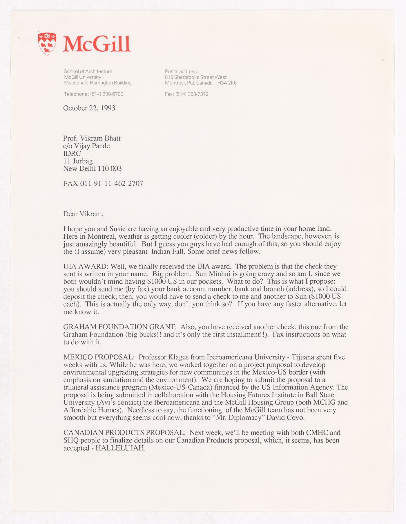 Letter from possibly Jesus Navarrete to Vikram Bhatt about update on Minimum Cost Housing Group's projects