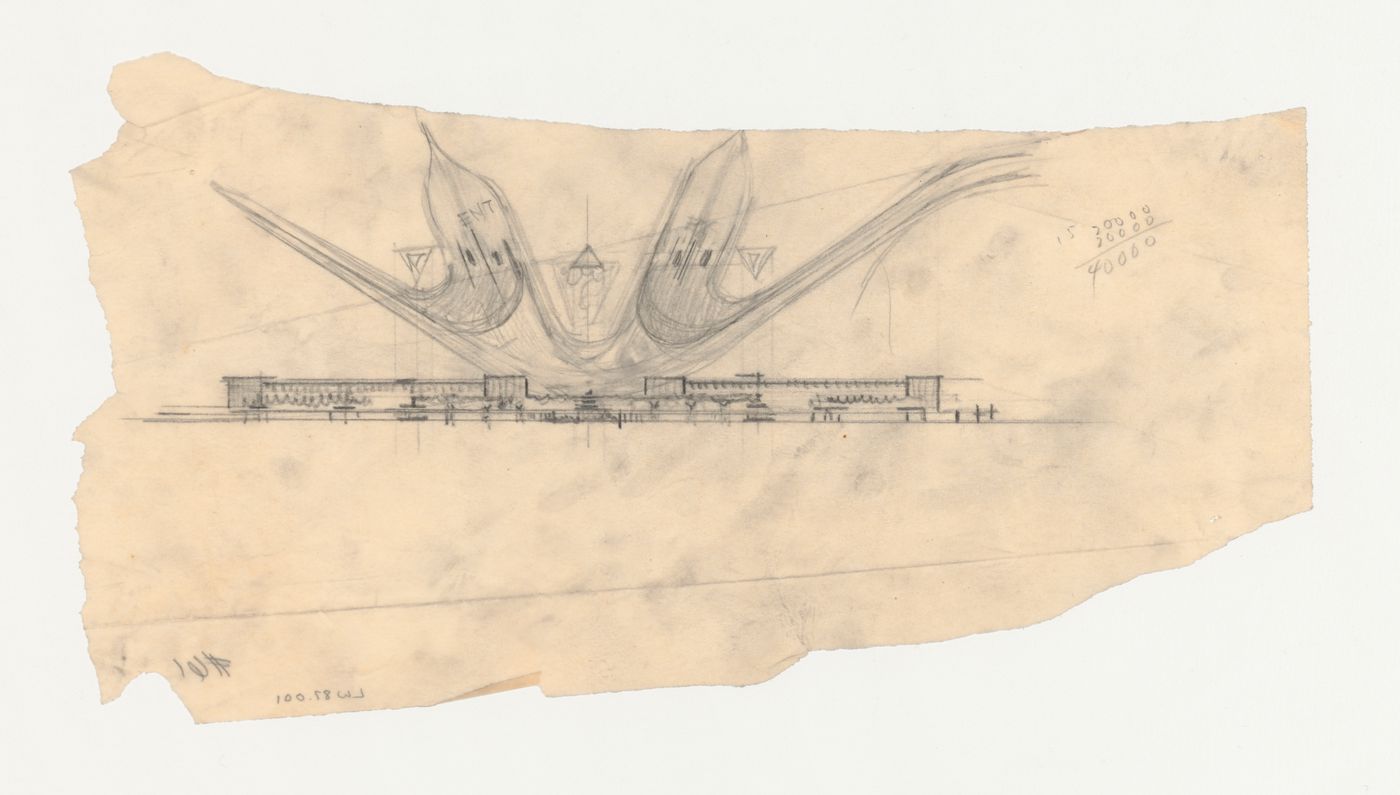 Los Angeles Municipal Airport: Elevation for airport building and partial ground plan showing entrance and exit