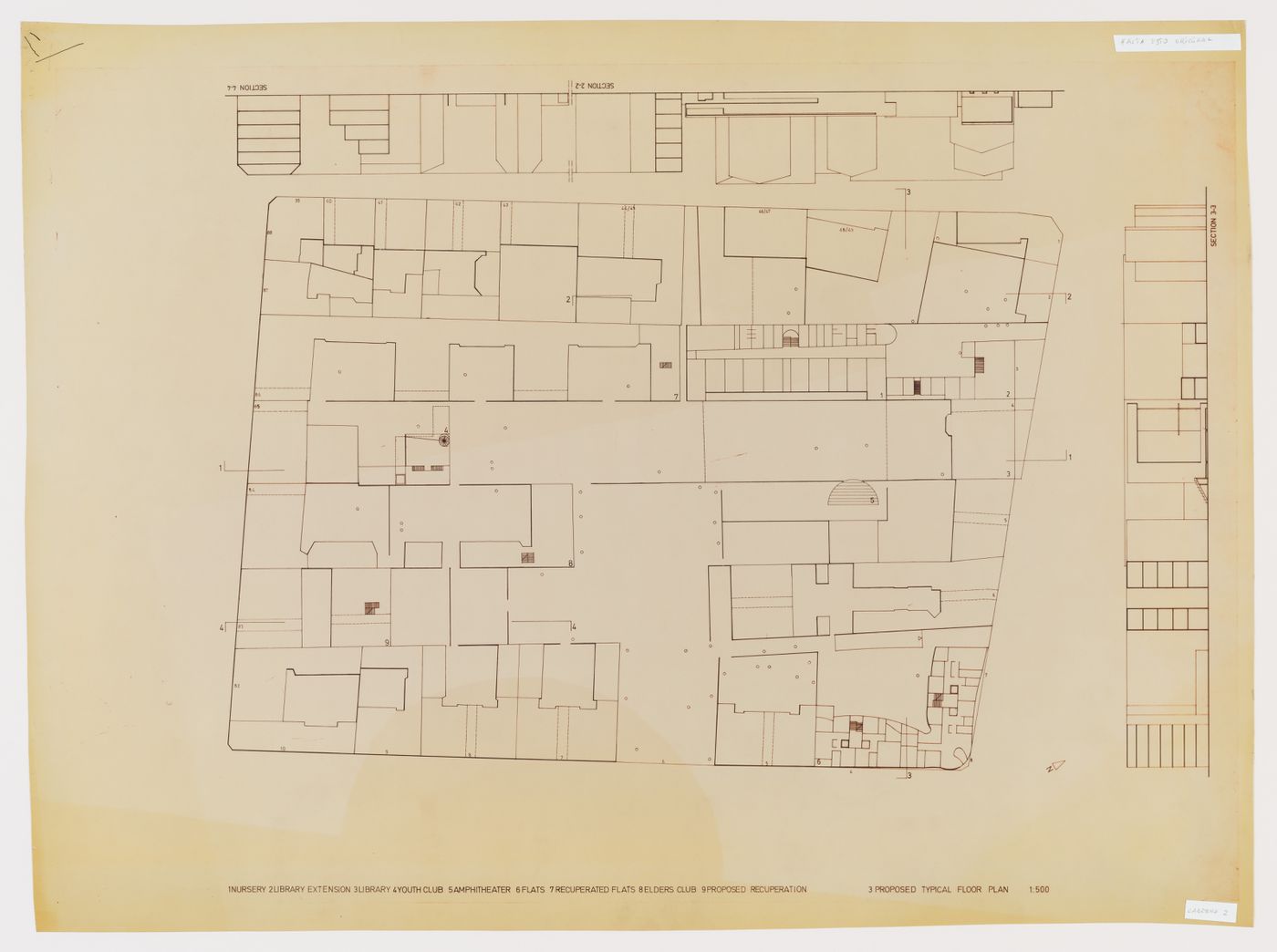 Plan and sections of Block 121 city block indicating distribution of program, Block 121, Berlin