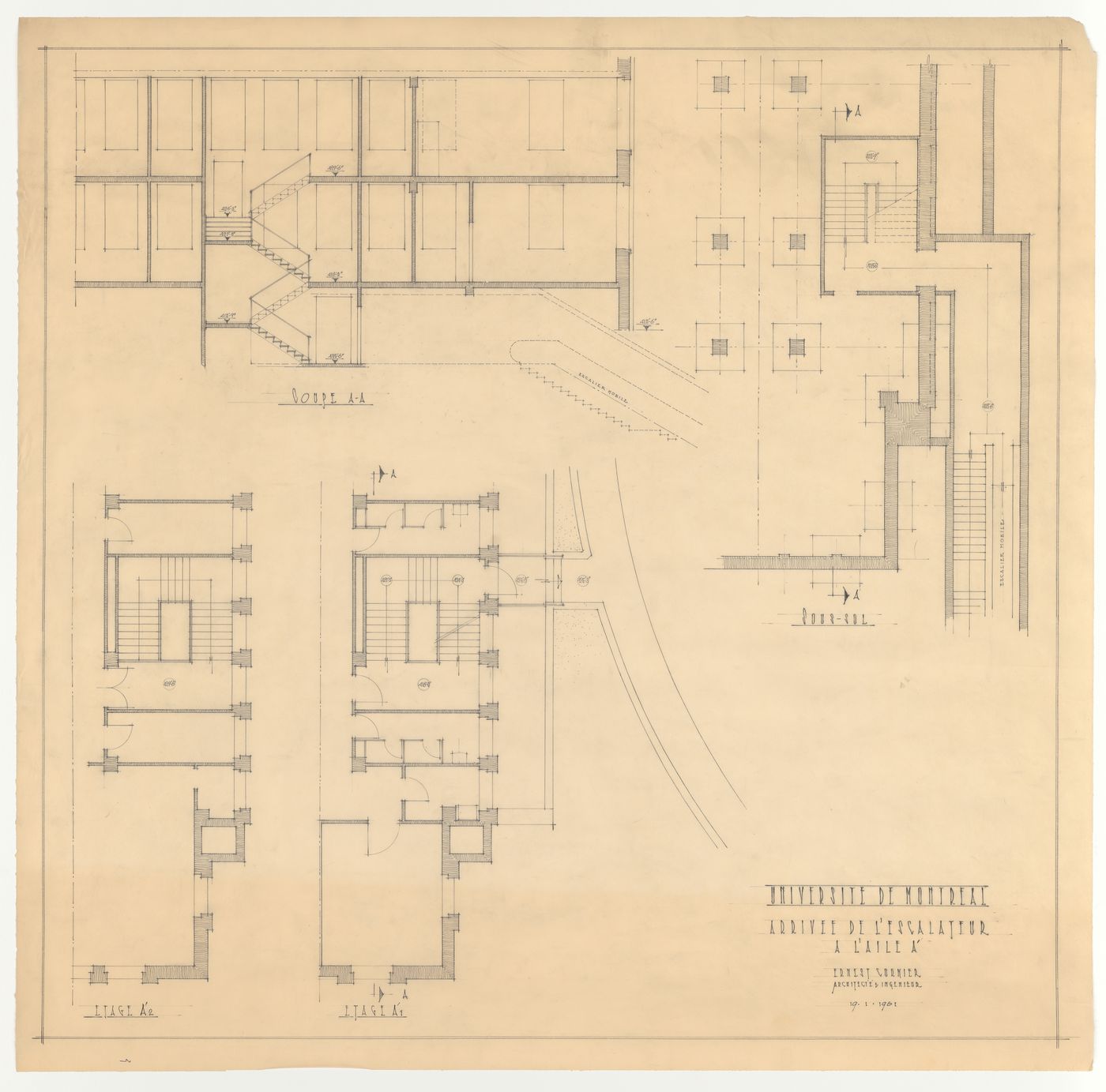 Détails de l'arrivée de l'escalier mobile à l'aile A', Modifications au Pavillon Principal, Université de Montréal, Montréal, Canada 
