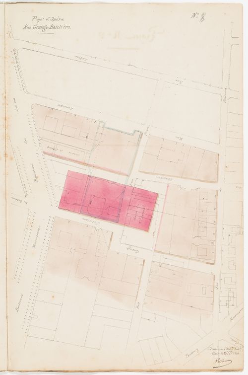 Project no. 8: Site plan for an opera house for the Académie royale de musique, rue Grange-Batelière; verso: Project no. 9: Site analysis and cost estimate for an opera house for the Académie royale de musique, place Louvois