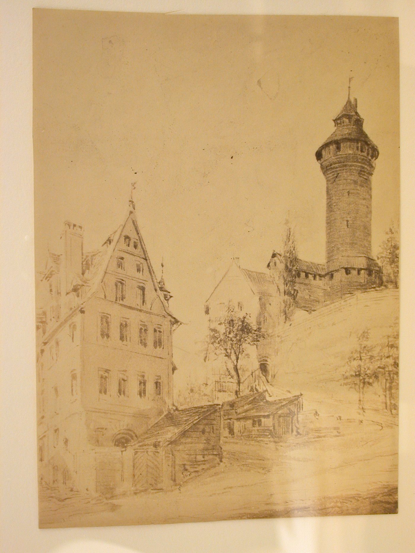 Photograph of a rendering showing the Sinwell tower, Kaiserburg (also known as Nuremburg Castle), Nuremburg, Germany