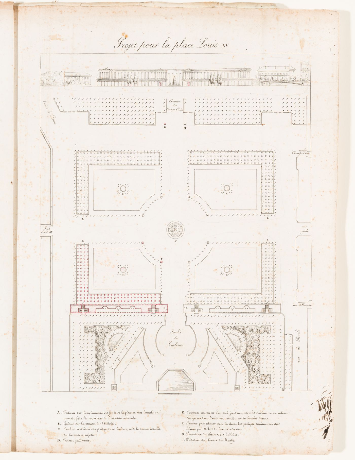 Plan and elevation for place Louis XV with five fountains, freestanding colonnades and loggias