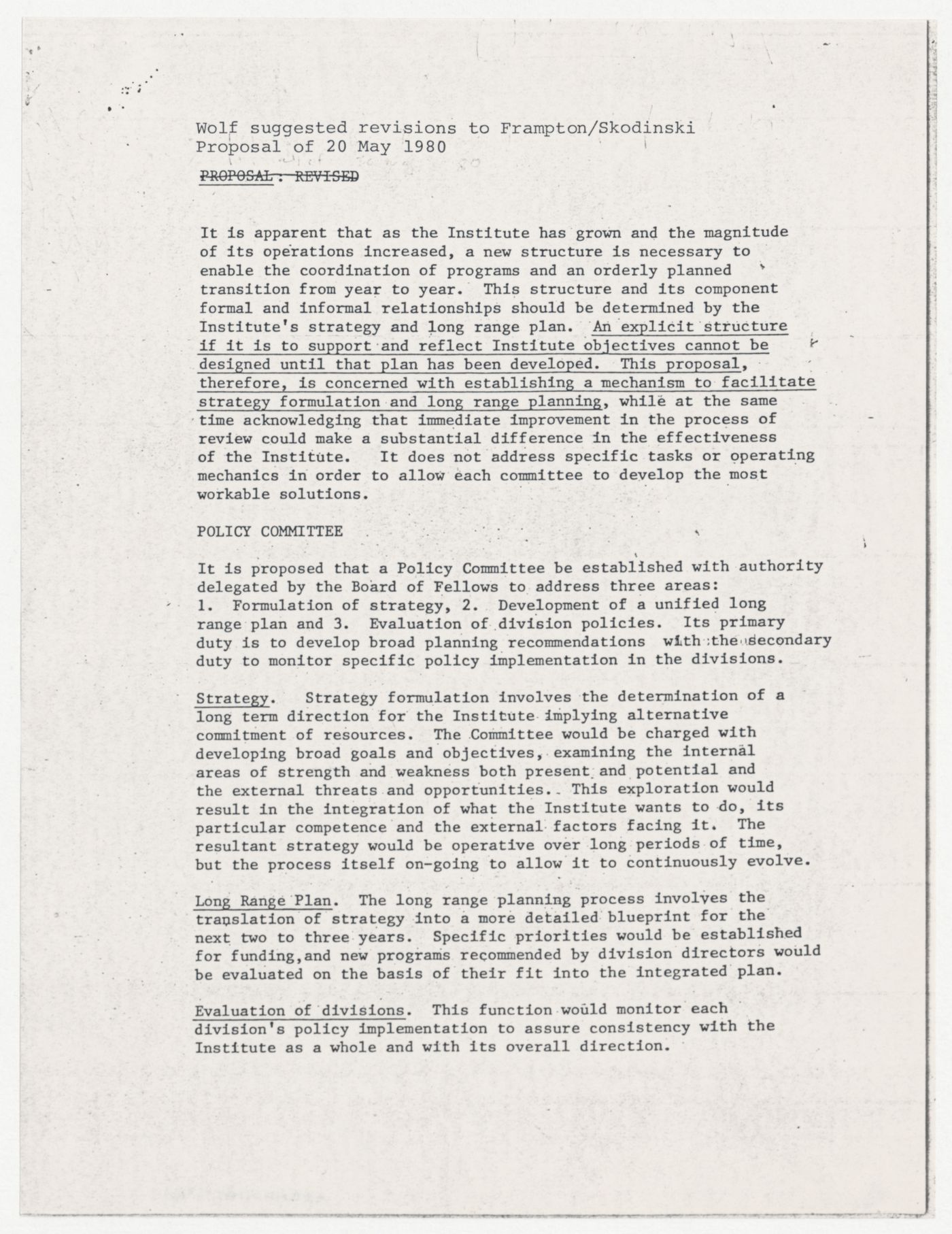 Memorandum from Peter Wolf to the Fellows about suggested revisions to proposal to form a policy committee