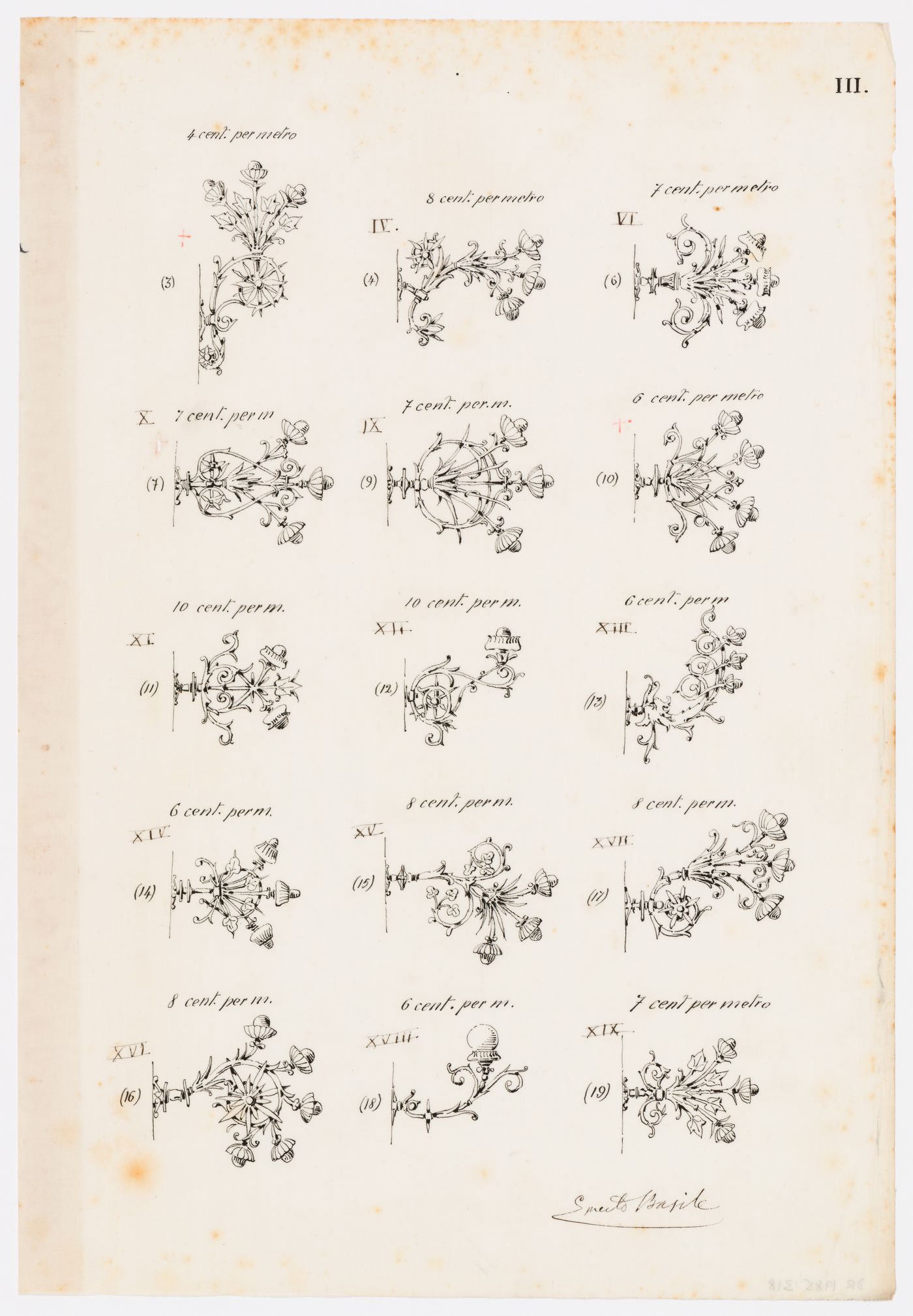 Teatro Massimo, Palermo, Italy: designs for wall lamp fixtures