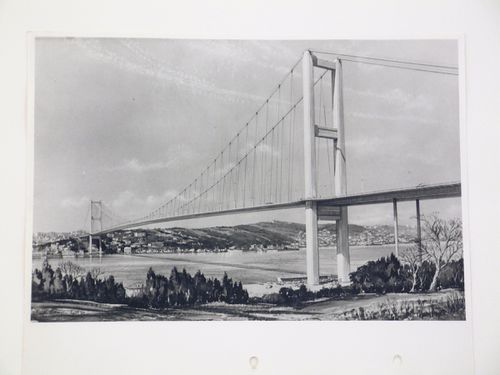 View of a painting by Frank Weemys of the Tamar Bridge, Plymouth, United Kingdom