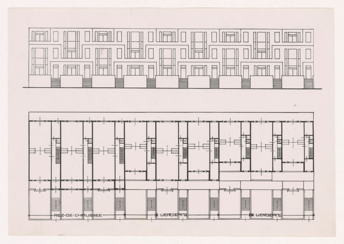 Photograph of a ground plan and elevation for terraced beach houses, Scheveningen, The Hague, Netherlands