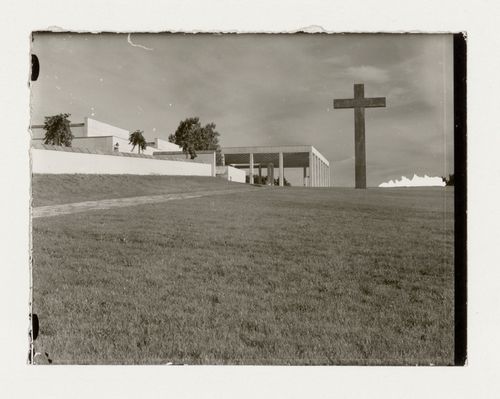Exterior view of the Chapel of Faith, the Chapel of Hope, the loggia of Monument Hall and the Way of the Cross walkway, Woodland Crematorium and Cemetery, Stockholm