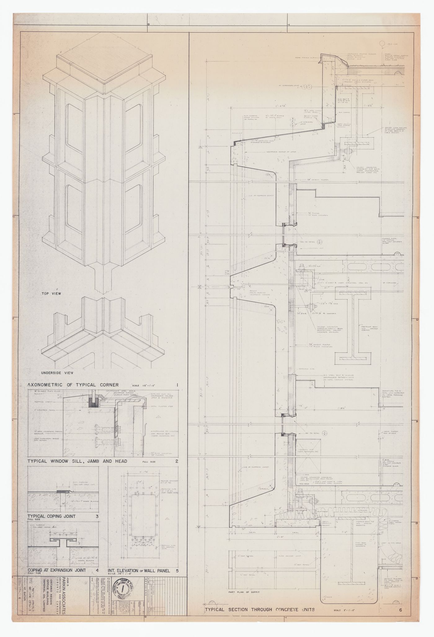 Construction precast concrete section details for Imperial Oil Limited, Ontario Region Office Building, North York