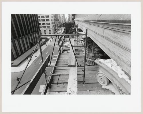 View of the installed aluminium capitals showing urea-formaldehyde foam injected between the stone and aluminium during the restoration of the Corinthian capitals of the principal façade of the Head Office of the Bank of Montréal, Montréal, Québec