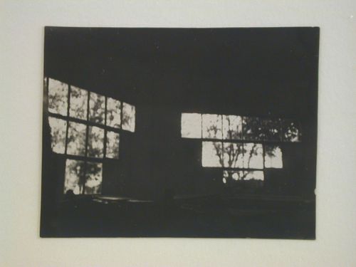 Interior view of two walls of windows of the temporary summer pavilion in the garden of construction management V.S.F.K., Tashkent, Soviet Union (now in Uzbekistan)