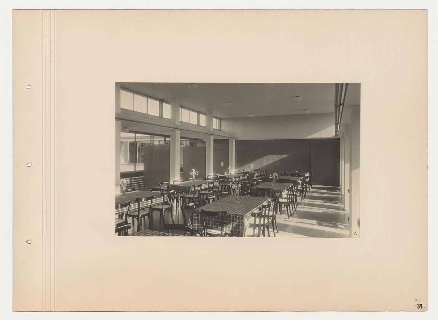Interior view of the furnished dining hall showing the closed partition wall, Budge Foundation Old People's Home, Frankfurt am Main, Germany