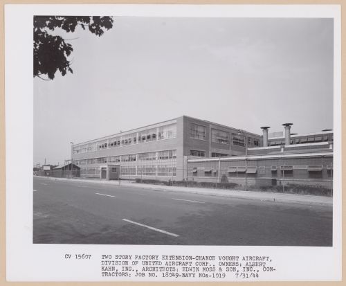 View of the principal façade of the addition to the Assembly [?] Building, United Aircraft Corporation Chance-Vought Airplane division Assembly Plant, Stratford, Connecticut