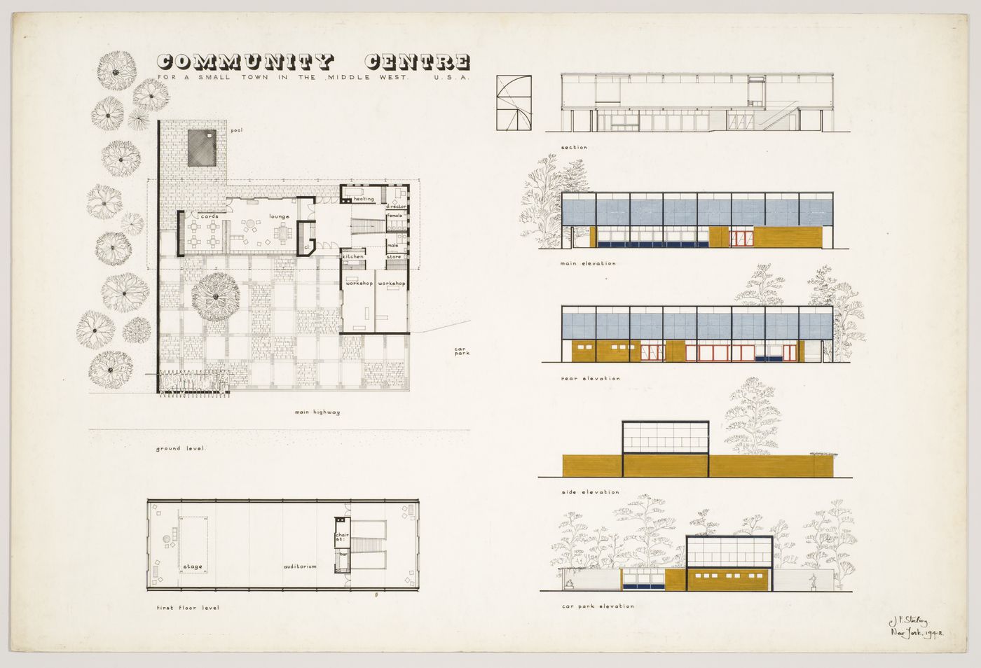 Elevations, plans for the ground and first floor, and a section of a Community centre for a small town in the Middle West, U.S.A.