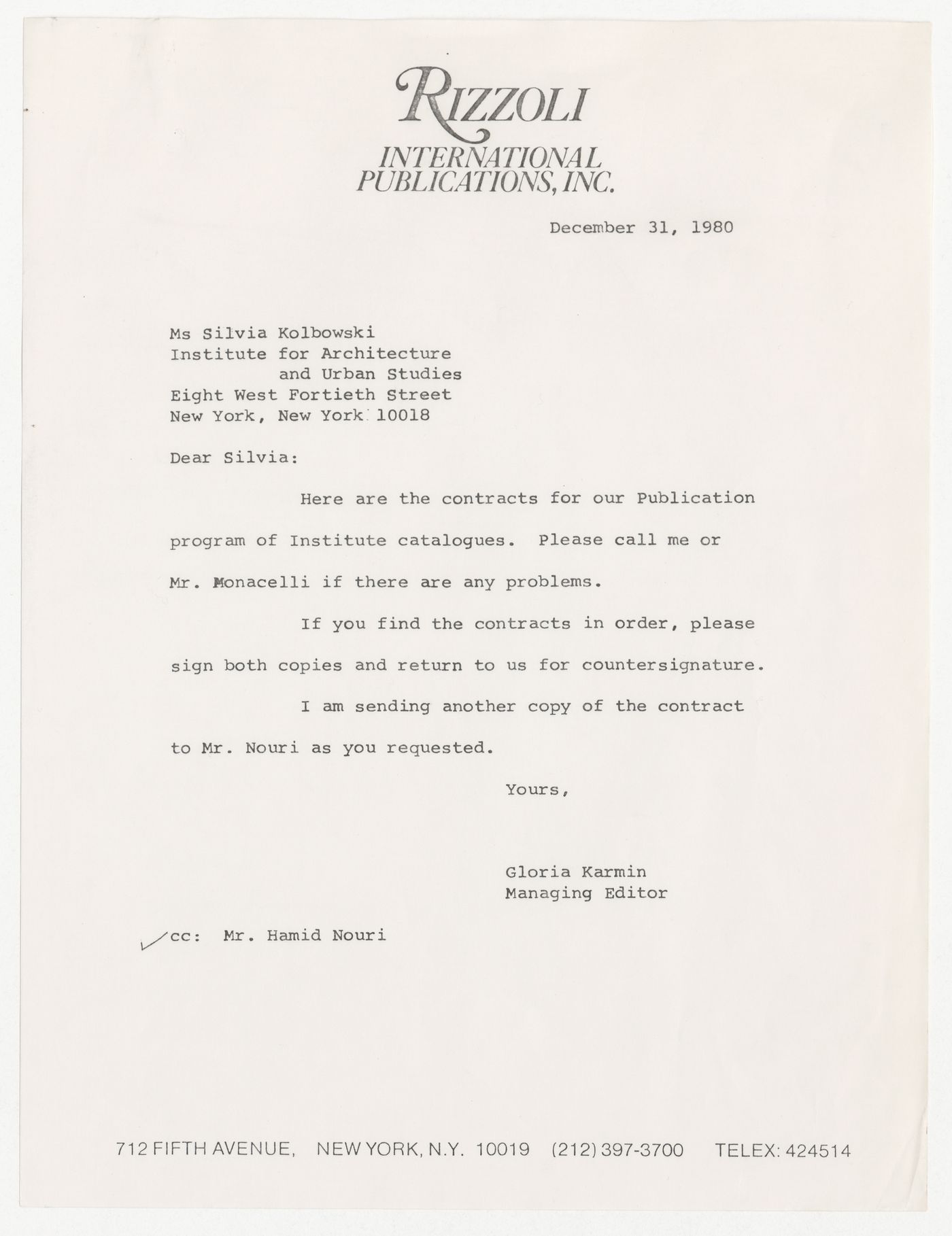 Letter from Gloria Karmin to Silvia Kolbowski with attached contract for publication of IAUS catalogues with Rizzoli