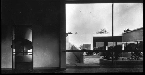 Interior view of the first floor terrace and spiral staircase from the living room, Villa Savoye, Poissy, France