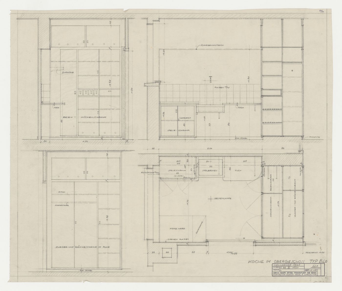 First floor plan and elevations for a type BLO kitchen for a housing unit, Hellerhof Housing Estate, Frankfurt am Main, Germany