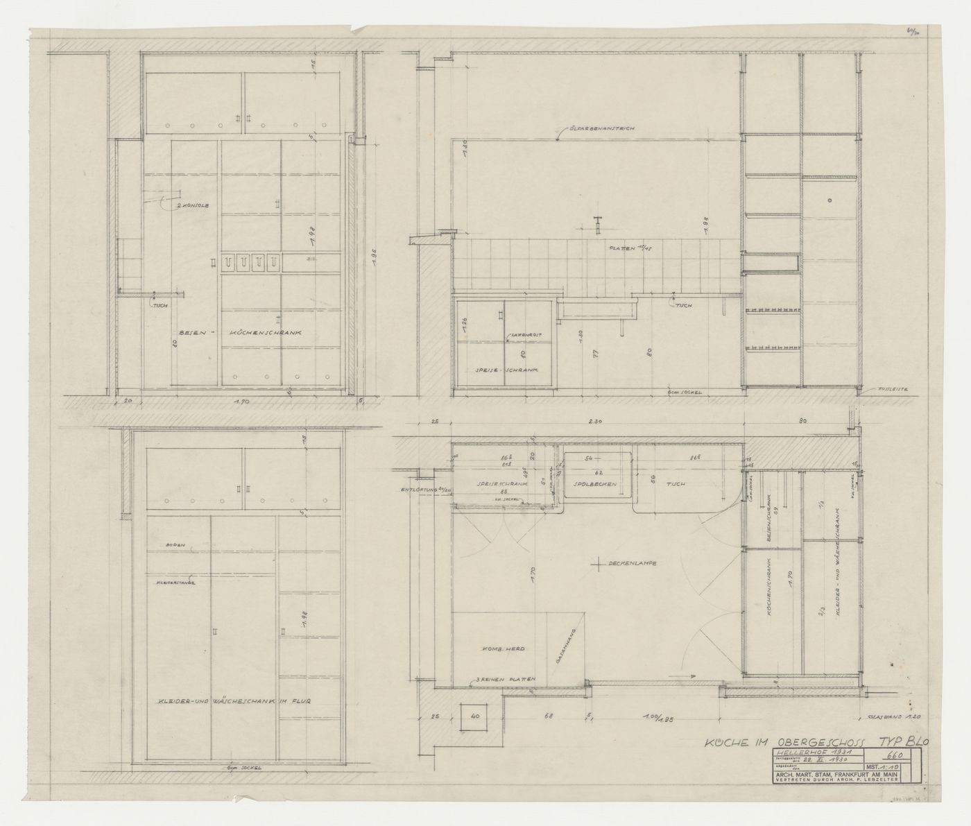First floor plan and elevations for a type BLO kitchen for a housing unit, Hellerhof Housing Estate, Frankfurt am Main, Germany