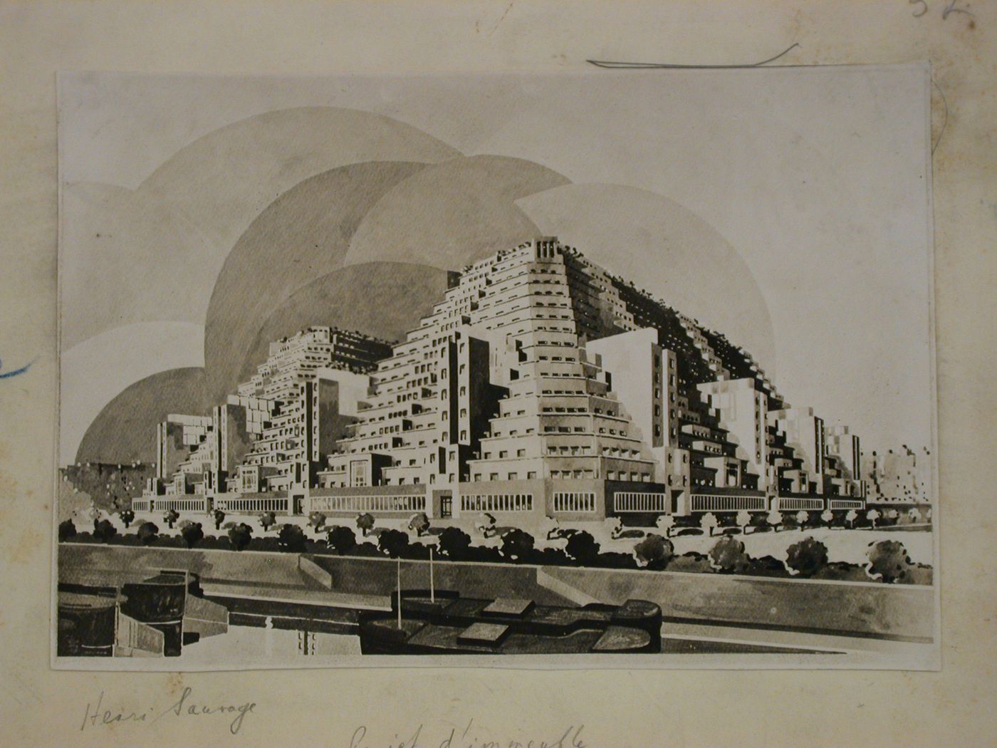 View of a project drawing for a tenement building on the edge of the Seine River, France