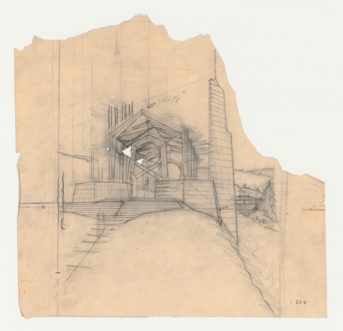 Wayfarers' Chapel, Palos Verdes, California: Preparatory drawing for a perspective for the chapel entrance
