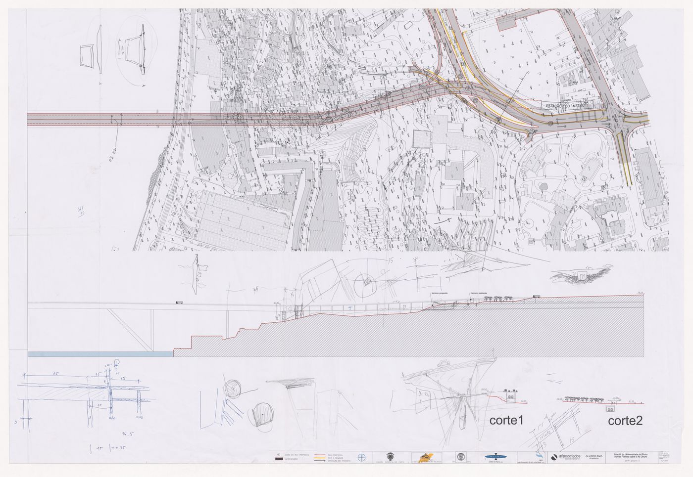 Site plan, elevations and sketches for Pólo III da Universidade do Porto e Nova ponte sobre o rio Douro [Bridge over the Douro river], Porto, Portugal
