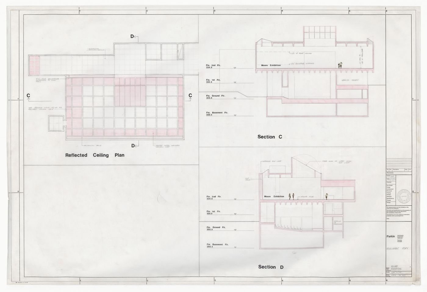 Moore exhibition reflected ceiling plan and sections for Henry Moore Sculpture Centre, Art Gallery of Ontario, Stage I Expansion, Toronto