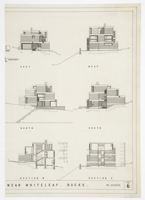 House in Chiltern Hills, Buckinghamshire, England: elevations and sections