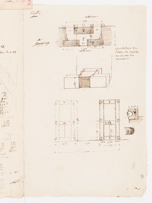 Project for the enlargement of the prison near the Préfecture de police, rue de Jérusalem, Paris: Plan and axonometric drawing for a ventilator and elevations for doors
