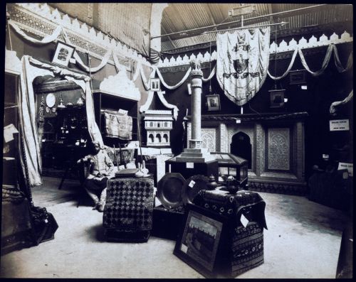 Interior view of a pavilion showing the Central India exhibit, Calcutta International Exhibition of 1883-1884, India