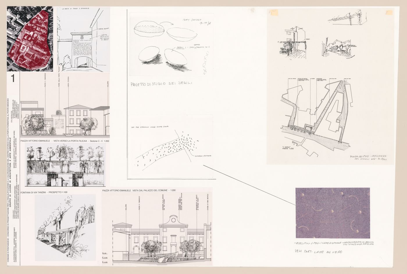 Collage with notes for Riqualificazione centro Storico di Pontassieve [Redevelopment of the historical center of Pontassieve], Florence, Italy