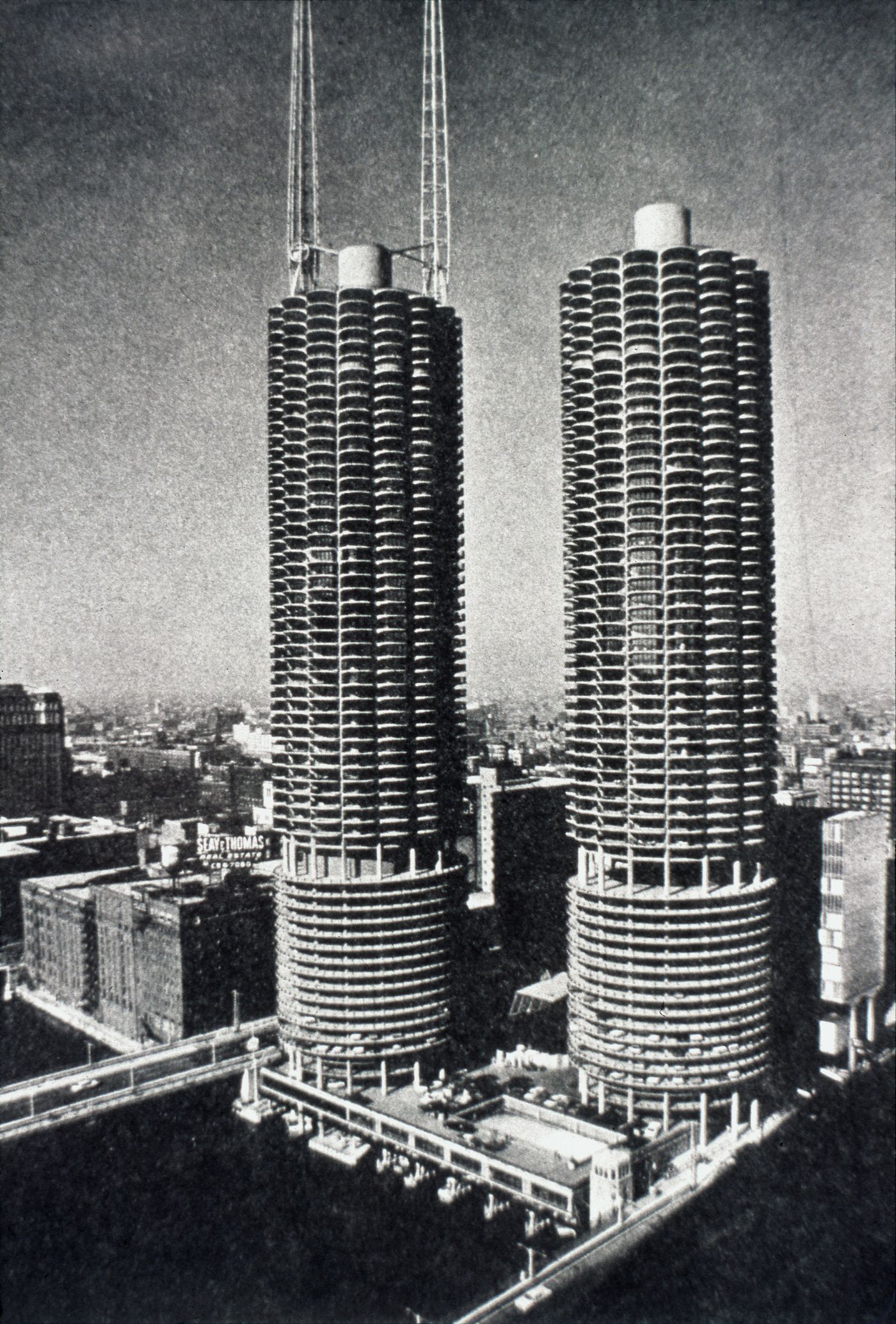 Slide of a photograph of Marina City, by Bertrand Goldberg