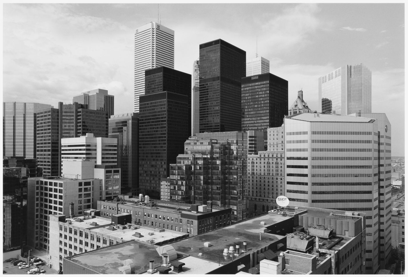 View of the banking district of Toronto at midday showing the Commercial Union Tower, the Royal Trust Tower, the Toronto-Dominion Bank Tower and the IBM Tower