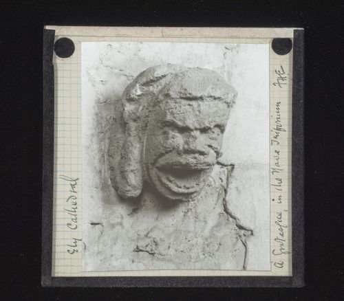 View of grotesque sculpture in triforium of nave of Ely Cathedral, Ely, Cambridgeshire, England