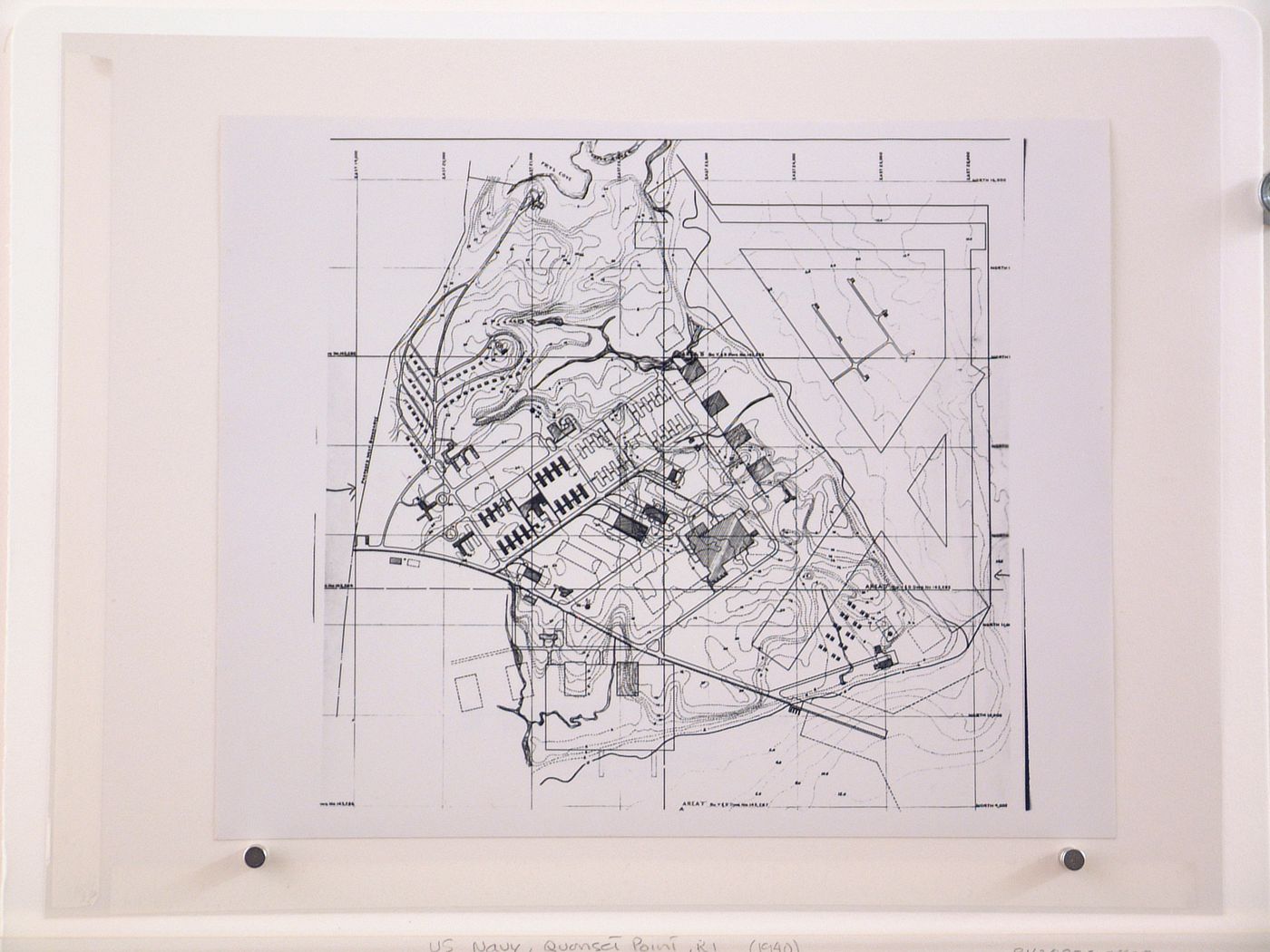 Photograph of a topographic map showing arrangements for buildings, United States Naval Air Base, Quonset Point, Rhode Island